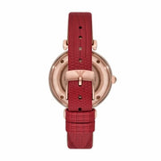 Emporio Armani Meccanico Gianni T-Bar Mother of Pearl White Dial Red Leather Strap Watch For Women - AR60048