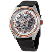 Emporio Armani Zeta Automatic Skeleton Silver Dial Black Leather Strap Watch For Men - AR60018