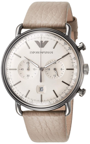 Emporio Armani Aviator Chronograph Grey Dial Beige Leather Strap Watch For Men - AR11107