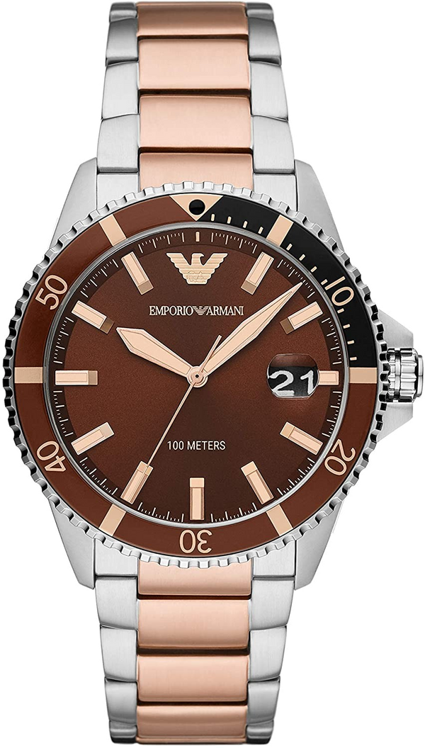Emporio Armani Diver Quartz Brown Dial Two Tone Steel Strap Watch For Men - AR11340