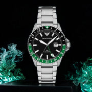 Emporio Armani Sea Explorer GMT Black Dial Silver Steel Strap Watch For Men - AR11589