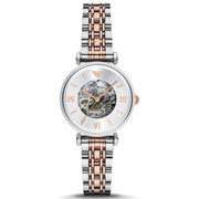 Emporio Armani Gianni T Bar Silver Skeleton Dial Two Tone Strap Watch For Women - AR1992