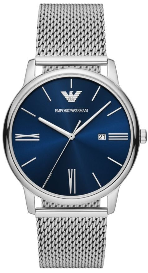 Emporio Armani Minimalist Quartz Blue Dial Silver Mesh Strap Watch For Men - AR11571