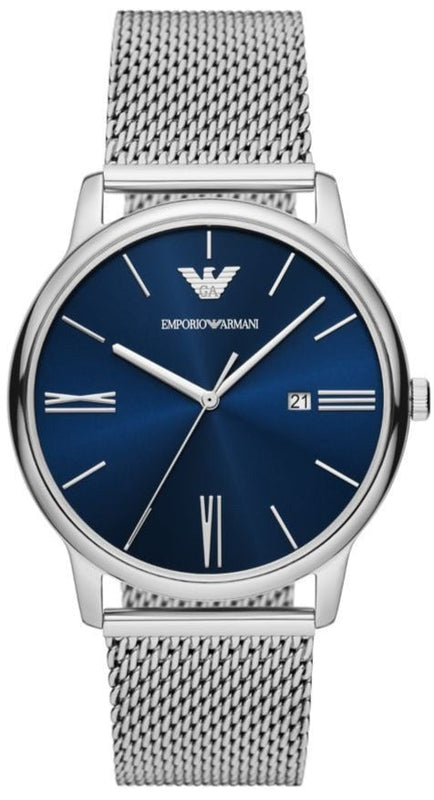 Emporio Armani Minimalist Quartz Blue Dial Silver Mesh Strap Watch For Men - AR11571
