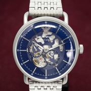 Emporio Armani Aviator Skeleton Blue Dial Silver Mesh Bracelet Watch For Men - AR60024