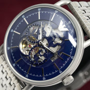 Emporio Armani Aviator Skeleton Blue Dial Silver Mesh Bracelet Watch For Men - AR60024