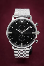 Emporio Armani Chronograph Black Dial Silver Steel Strap Watch For Men - AR0389