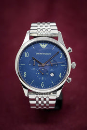 Emporio Armani Chronograph Blue Dial Silver Steel Strap Watch For Men - AR1942