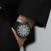 Emporio Armani Meccanico Automatic Skeleton Black Dial Black Leather Strap Watch For Men - AR60042