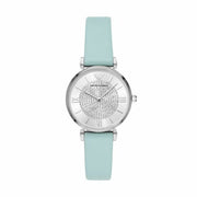 Emporio Armani Gianni T Bar Analog Crystals Silver Dial Blue Leather Strap Watch For Women - AR11443