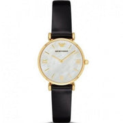 Emporio Armani Gianni T-Bar Quartz Mother of Pearl Dial Black Leather Strap Watch For Women - AR1910