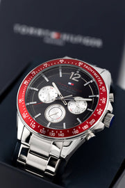 Tommy Hilfiger Luke Chronograph Black Dial Silver Steel Strap Watch for Men - 1791122