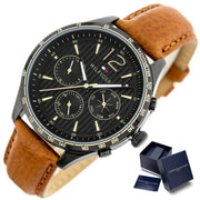 Tommy Hilfiger Gavin Chronograph Quartz Black Dial Brown Leather Strap Watch for Men - 1791470