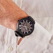 Emporio Armani Meccanico Automatic Skeleton Black Dial Black Leather Strap Watch For Men - AR60042