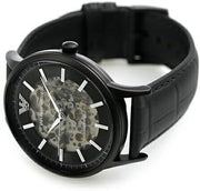 Emporio Armani Meccanico Automatic Skeleton Black Dial Black Leather Strap Watch For Men - AR60042