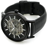 Emporio Armani Meccanico Automatic Skeleton Black Dial Black Leather Strap Watch For Men - AR60042