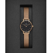 Daniel Wellington Petite Pressed Melrose Black Dial Rose Gold Mesh Strap Watch For Women - DW00100440