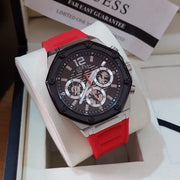 Guess Momentum Black Dial Red Rubber Strap Watch for Men - GW0263G3