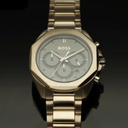 Hugo Boss Classic Chronograph Olive Green Dial Beige Gold Steel Strap Watch For Men - 1514019