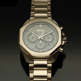 Hugo Boss Classic Chronograph Olive Green Dial Beige Gold Steel Strap Watch For Men - 1514019