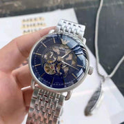 Emporio Armani Aviator Skeleton Blue Dial Silver Mesh Bracelet Watch For Men - AR60024