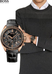 Hugo Boss Driver Chronograph Black Dial Black Leather Strap Watch for Men - 1513092