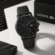 Lacoste Replay Chronograph Black Dial Black Leather Strap Watch for Men - 2011177