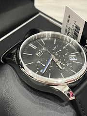 Hugo Boss Time One Chronograph Black Dial Black Leather Strap Watch for Men - 1513430