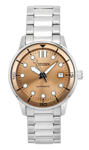 Citizen Mechanical Automatic Salmon Brown Dial Silver Steel Strap Watch for Men - NJ0191-83X