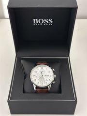 Hugo Boss Navigator Chronograph White Dial Brown Leather Strap Watch for Men - 1513495