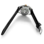 Emporio Armani Zeta Automatic Skeleton Silver Dial Black Leather Strap Watch For Men - AR60018