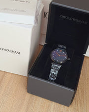 Emporio Armani Gianni T-Bar Quartz Black Mother of Pearl Dial Black Steel Strap Watch For Women - AR11268