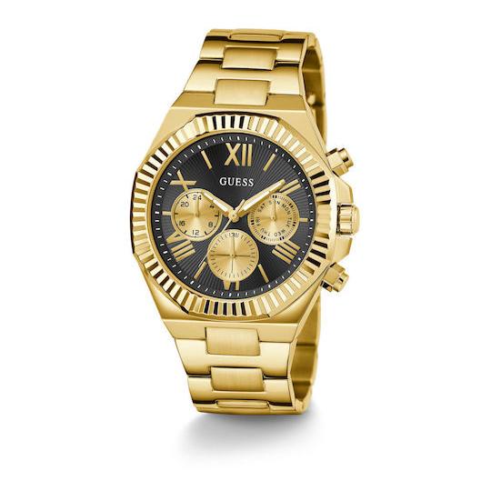 Guess Equity Multifunction Black Dial Gold Steel Strap Watch For Men - GW0703G5