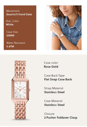 Fossil Raquel Three Hand Date White Dial Rose Gold Steel Strap Watch For Women - ES5271