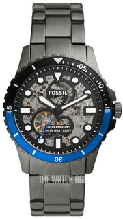 Fossil FB-01 Automatic Skeleton Black Dial Grey Steel Strap Watch for Men - ME3201