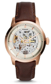 Fossil Townsman Automatic Skeleton White Dial Brown Leather Strap Watch for Men - ME3078