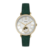 Fossil Jacqueline Multifunction Moonphase Mother of Pearl White Dial Green Leather Strap Watch for Women - ES5244