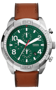 Fossil Bronson Chronograph Green Dial Brown Leather Strap Watch for Men - FS5738