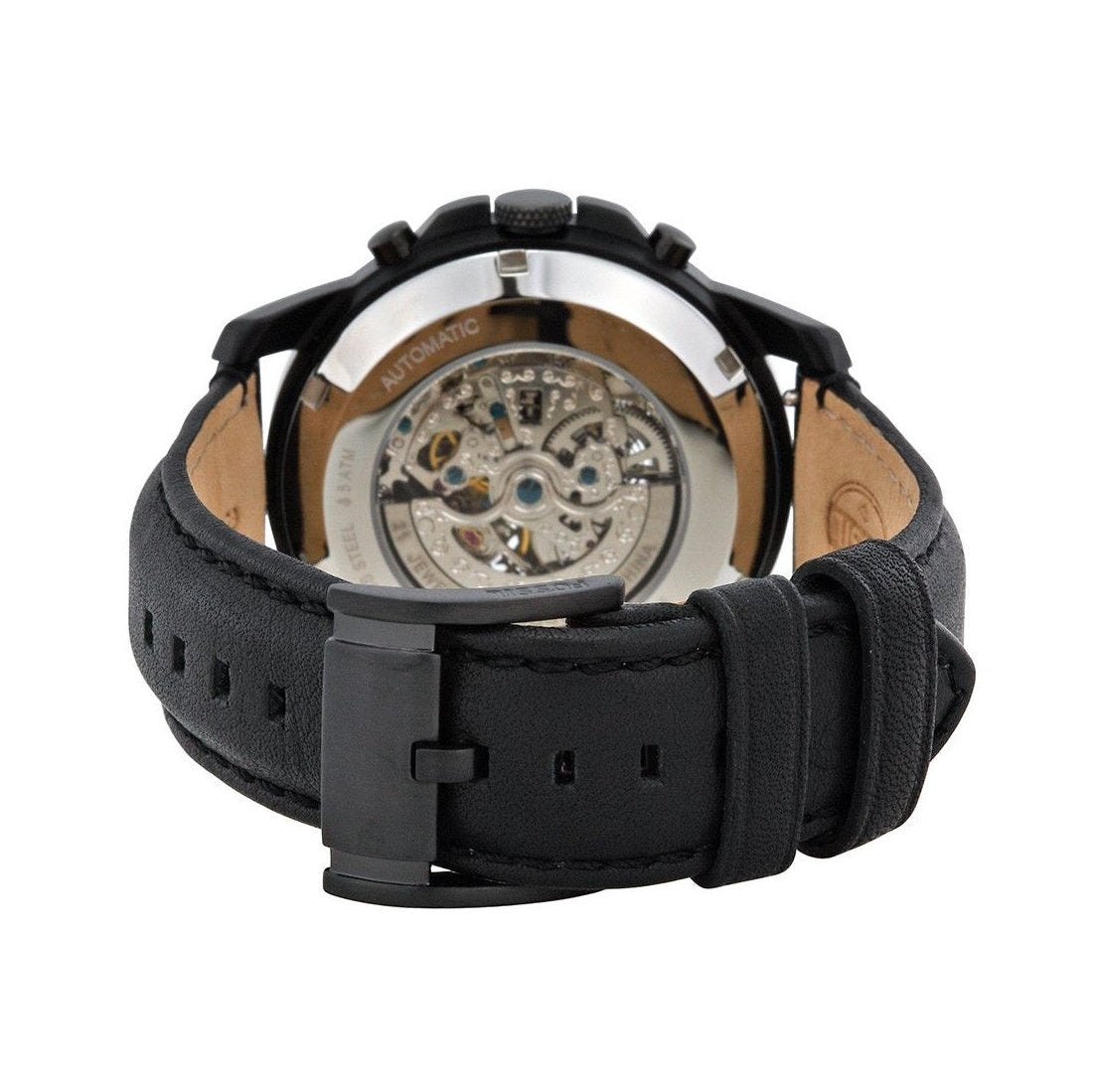 Fossil Grant Automatic Chronograph Black Dial Black Leather Strap Watc