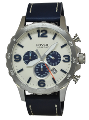 Fossil Nate Chronograph White Dial Blue Leather Strap Watch for Men - JR1480