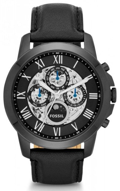 Fossil Grant Automatic Chronograph Black Dial Black Leather Strap Watch for Men - ME3028