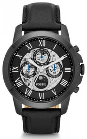 Fossil Grant Automatic Chronograph Black Dial Black Leather Strap Watch for Men - ME3028