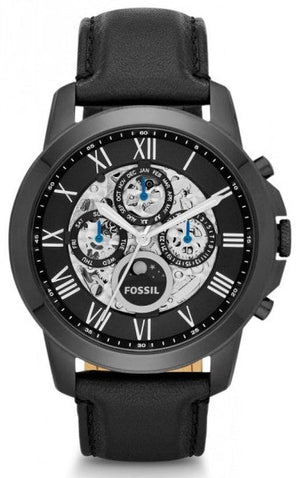 Fossil Grant Automatic Chronograph Black Dial Black Leather Strap Watch for Men - ME3028