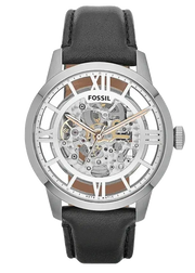 Fossil Townsman Automatic Skeleton Silver Dial Black Leather Strap Watch for Men - ME3041