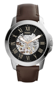 Fossil Grant Automatic Skeleton Black Dial Brown Leather Strap Watch for Men - ME3100