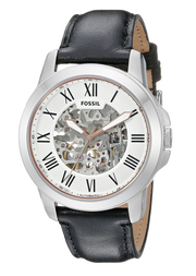 Fossil Grant Automatic Skeleton White Dial Black Leather Strap Watch for Men - ME3101