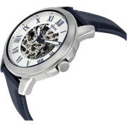 Fossil Grant Automatic Skeleton Silver Dial Blue Leather Strap Watch for Men - ME3111