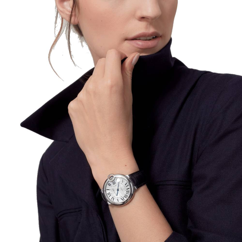 Cartier Ballon Bleu de Cartier Silver Dial Black Leather Strap Watch for Men - WSBB0026