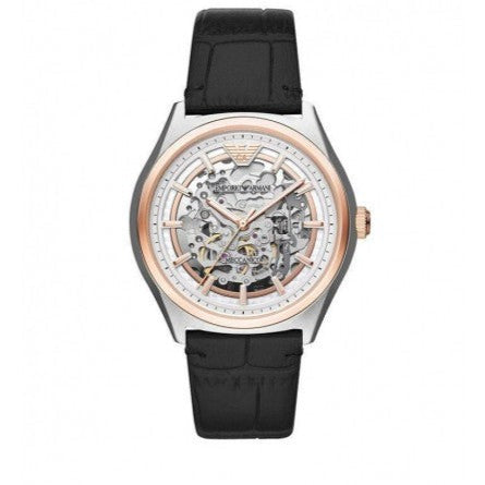 Emporio Armani Zeta Automatic Skeleton Silver Dial Black Leather Strap Watch For Men - AR60018