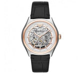 Emporio Armani Zeta Automatic Skeleton Silver Dial Black Leather Strap Watch For Men - AR60018